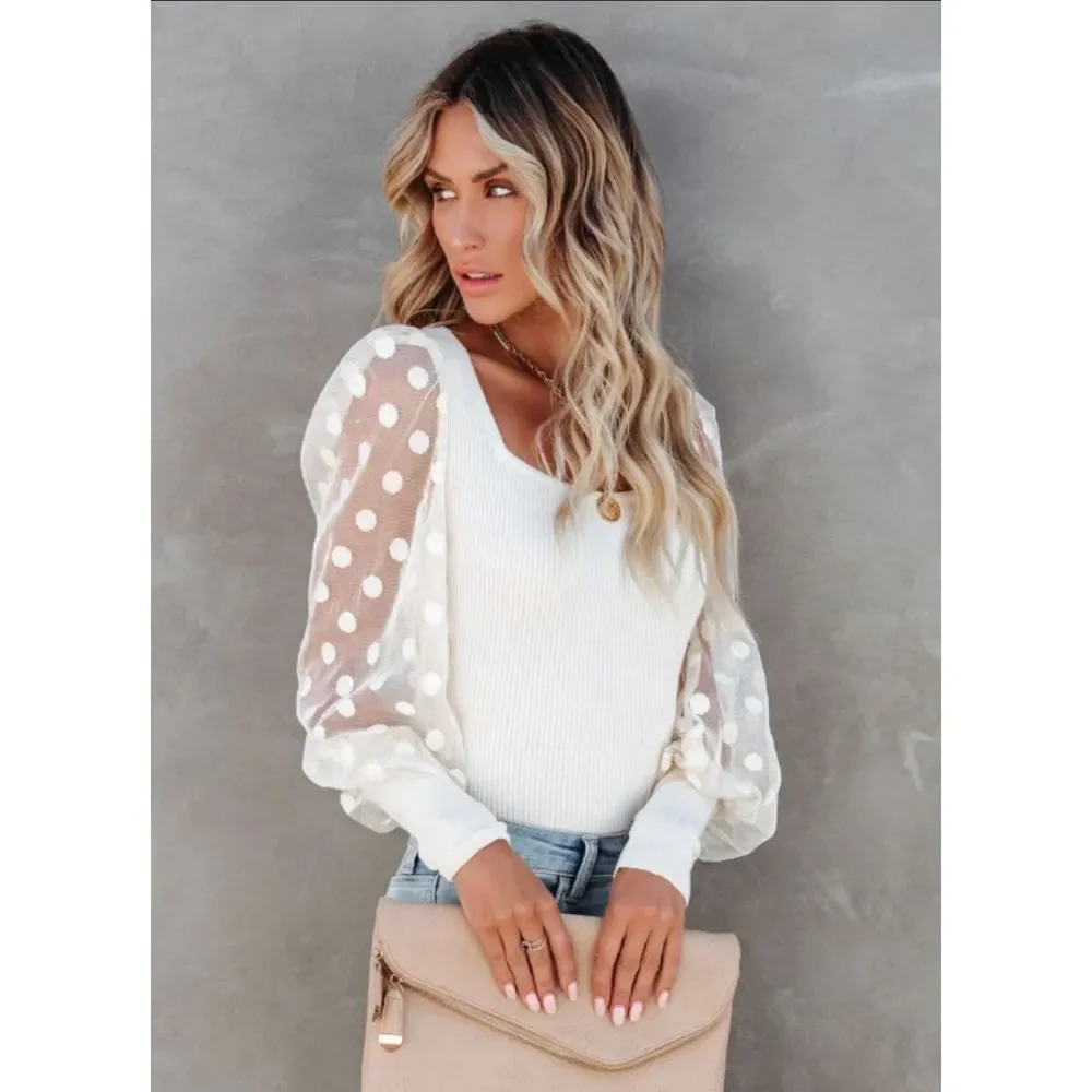 🔥 POLKA DOT • LONG SLEEVE KNIT TOP - IVORY - XL🔥 - Picture 7 of 10